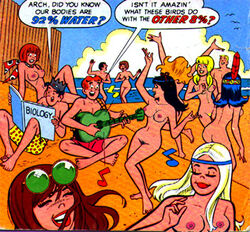 archie_andrews archie_comics ass beach betty_and_veronica betty_cooper book breasts casual dancing female guitar human jughead_jones kentoons male moose_mason musical_instrument nipples nude_beach pale_skin public pussy reggie_mantle veronica_lodge