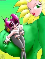 anthro bee_girl breasts bug_girl capcom conker's_bad_fur_day crossover darkstalkers large_breasts lips looking_at_viewer looking_to_the_side monster_girl purple_hair q-bee rareware smile sunflower_(conker's_bad_fur_day) sunny_dayz