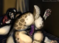 2018 anthro anthro_on_anthro anus ass bed black_hair blue_eyes blush caught cheetah dildo double_dildo excitedcargoyle feline female fur hair inner_ear_fluff inside looking_at_viewer looking_back lying mammal on_back on_bed open_mouth pawpads penetration pussy pussy_juice red_hair sex_toy spots spotted_fur surprise vaginal_penetration yuri