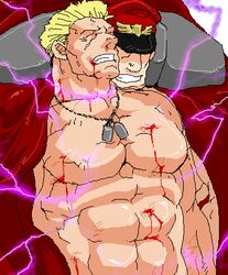 2boys abs blonde_hair blood cape closed_eyes dog_tags guile hat m_bison male male_only male_ryona multiple_boys muscles pecs ron9 straight_hair street_fighter topless