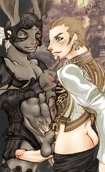 2boys animal_ears anthro artist_request ass ass_cleavage balthier bunny_ears bunnyboy butt_crack dark_skin erection final_fantasy final_fantasy_xii fran_(ffxii) furry gay human male male_only multiple_boys penis penises_touching rule_63 tagme testicles viera yaoi