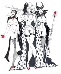 101_dalmatians 3girls apple arms big_breasts breasts cape cigarette crossover crown cruella_de_vil disney disney_villains earrings evil_grin female female_only fishnets hairy_pussy hand_on_hip hands high_heels horns legs lipstick maleficent multiple_girls necklace nipples pubic_hair pussy queen royalty sleeping_beauty_(1959_film) slender smile smoking snow_white_and_the_seven_dwarfs staff stockings teeth the_evil_queen witch