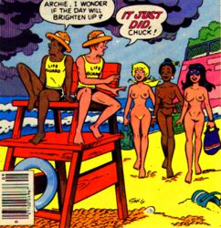 2boys 3girls archie_andrews archie_comics areolae bare_legs barefoot beach betty_cooper black_hair blonde_hair breasts bucket casual chuck_clayton clothed_male_nude_female dark-skinned_female dark-skinned_male dark_clouds dark_skin erect_nipples female female_with_female ginger_hair human kentoons lifeguard lifeguard_tower long_hair male male_with_female male_with_male medium_breasts nancy_woods nipples nude pale_skin pith_helmet ponytail public pussy sand seashell straight swim_suits tank_top tied_hair tote_bag veronica_lodge walking