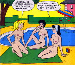 3girls archie_comics betty_and_veronica betty_cooper black_hair blonde_hair breasts female kentoons midge_klump multiple_girls naked_sunglasses nude sunglasses veronica_lodge yuri