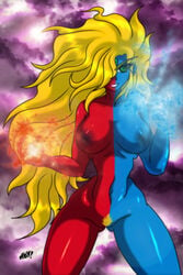 blue_skin breasts capcom color desingahv female female_only front_view gill green_eyes hair hair_over_one_eye human long_hair looking_at_viewer nude open_eyes pubic_hair red_skin round_ears rule_63 solo standing straight_hair street_fighter uncensored yellow_hair