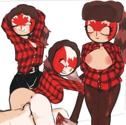 asshole axe belt big_breasts black_bra blood bra breasts butt butthole canada canada_(countryhumans) canadian cleavage countryhumans countryhumans_girl hands_behind_head hat headwear leggings nipples one_eye_closed penis red_shirt sleepserumm smiling thick_thighs thighs vaginal_penetration white_body white_breasts white_eyes