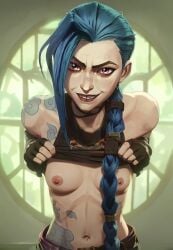 1girls 2d ai_generated arcane arcane_jinx blue_hair braided_hair breasts fakeshit flashing flashing_breasts jinx_(league_of_legends) league_of_legends lifting_shirt nipples purple_eyes riot_games shirt_lift shirt_pull slim_waist small_breasts smirk tattoo undressing