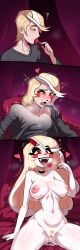 3_panel_comic artist_request charlie_morningstar_(hazbin_hotel) cum cumming gender_transformation genderswap_(mtf) happy hazbin_hotel large_breasts masturbating masturbation mtf_transformation nude sequence thick_thighs transformation transformation_sequence unknown_artist