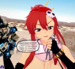 1boy 1girls 3d armor cleavage clothed desert dialogue femdom giantess imminent_vore koikatsu larger_female mecha red_hair scarf smaller_male steele734_(artist) tagme tail text text_bubble yoko_littner