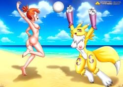 2girls anthro anus ass barefoot bbmbbf beach blush breasts digihentai digimon digimon_(species) feet female female_only furry gold_level human nipples nude open_mouth palcomix pietros_secret_club pussy renamon rika_nonaka tongue