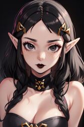 1girls ai_generated black_choker black_clothing black_dress black_eyebrows black_hair choker cleavage clothed clothing dark_zelda_(splatodyssey) dress elf_ears female_only freckles freckles_on_face goth goth_girl lipstick looking_at_viewer matching_hair/eyes nintendo non-nude non_nude perchance_ai pointy_ears princess_zelda red_lipstick solo splatodyssey the_legend_of_zelda