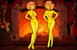 20th_century_fox 20th_century_studios 2girls alukard1991 breasts demon_horns demon_tail female female_only high_heels hourglass_figure lipstick maude_flanders multiple_girls nipples nude pussy red_hair solo solo_female the_simpsons voluptuous voluptuous_female yellow_skin