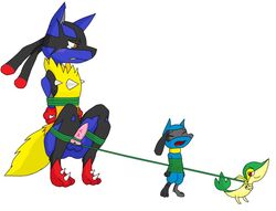 anthro arms_behind_back blush bondage bonwolf bound fur group interspecies looking_down lucario male malesub mammal mega_evolution mega_lucario nintendo penis pokemon pokemon_(species) reptile riolu scalie size_difference small_dom_big_sub smile snivy spikes spread_legs spreading video_games vines