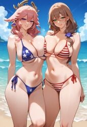 2girls ai_generated beach big_breasts bombacopta brown_hair earring flower_in_hair genshin_impact green_eyes headgear lisa_(genshin_impact) pink_hair purple_eyes star_bikini striped_bikini yae_miko