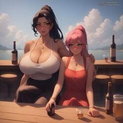 2futas ai_generated arm_around_shoulders desgens erection_under_clothes futa_on_futa futa_with_futa futanari huge_breasts size_difference small_breasts