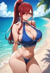 ai_generated beach bikini bombacopta brown_eyes erza_scarlet fairy_tail holding_breast huge_breasts ponytail red_hair thick_thighs