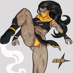 abs black_clothes black_clothing black_hair blank_background buff buff_female clothed_variant covered_mouth equinox006 exposed_chest exposed_cleavage exposed_thighs female female_focus female_only first_porn_of_character fit fit_female long_black_hair long_hair mandarinia_(sexy_shuriken_struggle) muscles muscular muscular_arms muscular_chest muscular_female muscular_legs muscular_thighs ninja ninja_girl nipples_visible_through_clothing raised_leg ripped_clothing sexy_shuriken_struggle_(game) shredded_clothes shuriken text torn_clothes torn_clothing yellow_clothes yellow_clothing yellow_eyes