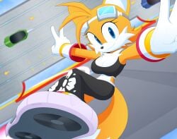 1girls anthro ass belly breasts cleavage clothed clothing crop_top eyelashes female female_only goggles goggles_on_head riding rule_63 sega slickehedge sonic_(series) sonic_riders sonic_the_hedgehog_(series) tail tails_the_fox tailsko