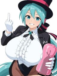 1boy 1girls alternate_breast_size alternate_costume alternate_hairstyle artificial_vagina bar_censor blue_eyes blue_hair blush breasts censored cevio clothed_female_nude_male cum cum_in_sex_toy ejaculation gloved_handjob gloves handjob handjob_w/sex_toy hat hatsune_miku huge_breasts light-skinned_female light-skinned_male light_skin magician magician_hat middle_finger migikoba ponytail sex_toy smile smug textless vocaloid white_gloves