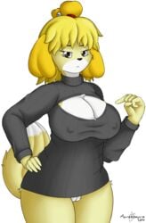 2014 alpha_channel alternate_breast_size animal_crossing anthro big_breasts blonde_hair bottomless breasts brown_eyes canine cleavage clothed clothing female frown fur furry furry_only glare hair half-dressed isabelle_(animal_crossing) looking_at_viewer mammal marukomuru nintendo nipple_bulge open-chest_sweater plain_background pointing pussy solo sweater thick_thighs transparent_background upset wide_hips yellow_fur