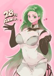 1girls annand_(fire_emblem) anniversary black_panties bra breasts cleavage dress elbow_gloves female female_only fire_emblem fire_emblem:_genealogy_of_the_holy_war gloves green_eyes green_hair heart large_breasts long_hair looking_at_viewer nintendo open_mouth panties pink_background see-through smile solo ta_dasu_(tadasu_hayashi) underwear very_long_hair