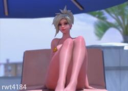 3d animated bikini bikini_top blizzard_entertainment blonde_hair blue_eyes bottomless breasts feet flashing gold_bikini looking_at_viewer mercy micro_bikini navel nipple_bulge overwatch overwatch_2 ponytail pov_eye_contact pussy rwt4184 shiny_skin shorter_than_30_seconds shorter_than_one_minute sitting smile smiling stockings stomach tagme video