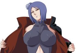 akatsuki_(naruto) big_breasts breasts cloak konan naruto nipples_visible_through_clothing open_clothes orange_eyes purple_hair tagme