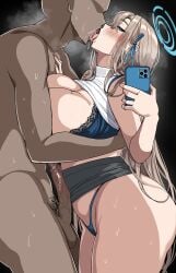 1boy 1girls asuna_(blue_archive) blonde_hair blue_archive blue_eyes breasts drogod_(artist) female hair_over_one_eye hi_res hips huge_breasts kissing light-skinned_female light_skin long_hair male naughty_face smile thick_thighs thighs wide_hips