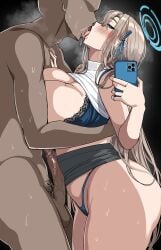 1boy 1girls asuna_(blue_archive) blonde_hair blue_archive blue_bra blue_eyes blue_panties blush bra breasts clothing drogod_(artist) female hair_over_one_eye hi_res hips huge_breasts kissing legs_together light-skinned_female light_skin long_hair male matching_underwear naughty_face open_mouth panties penis shirt shirt_lift skirt skirt_lift smile thick_thighs thighs tongue tongue_out wide_hips