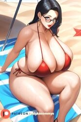 ai_generated barely_contained_breasts beach_towel beach_umbrella big_breasts black_glasses black_hair blue_eyes blush blushed blushing_at_viewer hand_on_towel long_hair looking_seductive milf oc onlyaimommys original original_character patreon_username pervert_smile plump plump_thighs rebecca_danesi red_bikini red_lipstick sand smiling smiling_at_viewer sweat sweating sweaty_body thick_thighs thighs towel