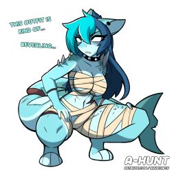 1girls a-hunt ahunt ahuntarts bandages belly blue_body blue_hair blue_skin breasts collar english_text female furry highres naked naked_female nipples nyx_(a-hunt) shark shark_girl shark_tail sharp_teeth solo solo_female spiked_collar spikes spread_legs thick_thighs thighs white_eyes