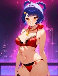 1girls ai ai_generated alternate_costume belly_button blue_hair blush bra female female_focus female_only front_view genshin_impact hourglass_figure hoyoverse light-skinned_female light_skin looking_at_viewer medium_breasts mihoyo navel night red_bra red_thong revealing_clothes shatteredsky21 short_hair smiling smiling_at_viewer solo solo_female solo_focus standing thong underwear xiangling_(genshin_impact) yellow_eyes young younger_female