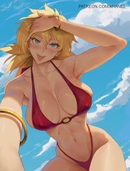 araneesama bangle_(jewelry) big_breasts blonde_female blonde_hair blue_eyes breasts cleavage cloud clouds cloudy_sky fit fit_female halter_bikini halterneck hand_on_head hellsing long_nails pale pale_skin pale_skinned_female ponytail red_swimsuit red_swimwear seras_victoria skinny sky swimsuit swimwear toned toned_belly toned_body toned_female toned_stomach tongue_out white_skin