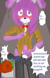 animatronic anthro black_pants blush bonnie_(fnaf) bow_tie brown_fur brown_shirt color comic cute discordmelody disembodied_hand duo female five_nights_at_freddy's freckles full_page fur hair jasmine_ivory lagomorph machine male mammal masturbation mechanical penis purple_fur purple_hair rabbit robot rodent shocked solo_focus squirrel voyeur voyeurism