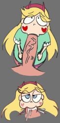 :>= blonde_hair clothed cum cum_in_mouth cum_splatter deepthroat fellatio female grey_background headwear long_penis looking_at_another looking_pleasured nude_male oral star_butterfly star_vs_the_forces_of_evil thedomely veiny_penis