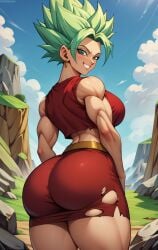 1girls ai_generated alien alien_girl artcalypse big_breasts dragon_ball dragon_ball_super female female_only green_eyes green_hair huge_ass kale kale_(berserker) legendary_super_saiyan muscular_female smile solo super_saiyan thiccwithaq_(ai_style) thick_thighs