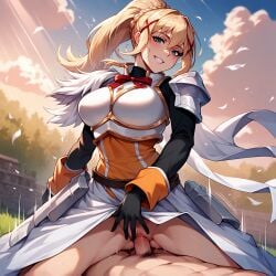 1boy 1girls ai_generated armored_dress blonde_hair blush breasts cowgirl_position darkness_(konosuba) dress dynamic_pose gloves happy kono_subarashii_sekai_ni_shukufuku_wo! large_breasts looking_at_viewer no_panties outdoors payop penis pony_diffusion_xl ponytail pov pubic_hair pussy sex smile straddling vaginal_penetration vaginal_sex