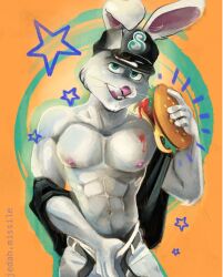 1boy baseball baseball_cap baseball_uniform burger furry furry_only jedah_missile kike_conejo lmb mascot mascots mexican muscles muscular_anthro nipples pectorals rabbit rabbit_ears rabbit_teeth saraperos_de_saltillo solo tongue_out