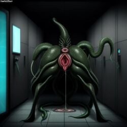 1girls ai_generated ambiguous_fluids ambiguous_species anus ass ass_focus bent_over creature darkeffect female_only gaping gaping_pussy green_skin locker_room monster nightmare_fuel presenting_hindquarters puffy_anus pussy pussy_juice rear_view room tail tentacle tentacles teratophilia underground unknown_species