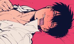 black_hair blush condom condom_in_mouth condom_wrapper gintama hijikata_toshiro horny looking_at_viewer male male_only masculine on_back open_shirt popped_collar seductive_look smile solo sweat syazai_bakari upper_body