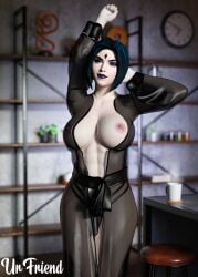 1girls 3d 3d_(artwork) abs big_ass big_breasts big_nipples black_panties black_robe blue_hair bob_cut closed_eyes curvaceous curvaceous_female dc female fit fit_female light_skin morning muscular muscular_female pale_skin raven_(dc) robe sole_female stretching teen_titans thick thick_thighs urfriend voluptuous voluptuous_female wide_hips