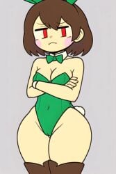 ai_generated annoyed blush bobcut brown_boots brown_hair bunny_costume bunny_tail bunnysuit chara chara_(undertale) collar crossed_arms cuffs curvy female frown green_bowtie green_bunnysuit looking_at_viewer pale_skin pink_cheeks pixai playboy_bunny red_eyes simple_background skaboma small_breasts solo thick thick_thighs thigh_boots undertale undertale_(series)