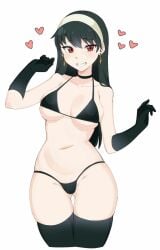 1girls black_gloves black_hair black_swimsuit earrings female female_only gloves human nyaivie red_eyes solo spy_x_family stockings underwear white_background yor_briar yor_forger