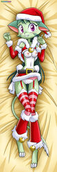 anthro bbmbbf blush breasts christmas clothing dakimakura dreamkeepers feline female fur green_fur green_hair hair hat holidays legwear lilith_calah long_hair looking_at_viewer mammal navel nipples purple_eyes pussy santa_hat skinny solo stockings vaginal_penetration