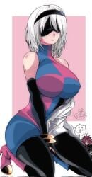 2024 2d 2d_(artwork) 2girls android android_21 android_21_(cosplay) android_21_(good) android_21_(human) arc_system_works artist_signature bandai_namco bare_shoulders big_ass big_breasts big_butt blindfold blue_eyes blue_nail_polish blue_nails bracelet bracelets breasts brown_hair butt clothed clothed_female clothing color colored crossover dragon_ball dragon_ball_fighterz elbow_gloves female femme_fatale full_color gold_jewelry gold_trim hair hairband headband headwear high_heel_boots high_heels hips huge_ass huge_breasts huge_butt japanese_text jewelry kneeling labcoat large_ass large_breasts large_butt leotard light-skinned_female light_skin long_hair messy_hair mole mole_under_mouth nail_polish nails nier:_automata omochi_db platinum_games seductive short_hair smile smiling square_enix stockings text text_bubble thick_thighs thighhighs thighs turtleneck video_game video_game_character video_game_franchise video_games voluptuous voluptuous_female vomi_(dragon_ball) white_hair yorha_2b yorha_2b_(cosplay)