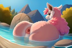 ai_generated anthro anus ass bathing bubble_butt diplive7 exposed_anus female fluffy furry lake llama looking_back naked nude outdoors pink_fur pink_hair simple_shading spread_ass sunshine water