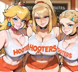 ai_generated big_boobs big_breasts blonde_hair blue_eyes breasts choker cleavage crown earrings female hooters hooters_uniform large_breasts long_hair looking_at_viewer mario_(series) metroid midriff multiple_girls ponytail princess princess_peach princess_zelda samus_aran shorts stable_diffusion the_legend_of_zelda