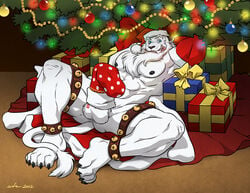 1boy 2012 abs anthro balls bell biceps big_muscles blue_eyes candy_cane christmas christmas_tree claws elbow_gloves erection feline fur gift gloves hat holidays legwear leucistic lion looking_at_viewer low_res male male_only mammal muscles nipples nude panja pecs penis pubes santa_hat solo stockings tree wfa white_lion