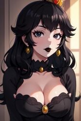 1girls ai_generated black_choker black_clothing black_dress black_eyebrows black_eyes black_hair black_lipstick breasts choker cleavage clothing crown dark_peach_(splatodyssey) dress earrings female female_only goth goth_girl lipstick looking_at_viewer mario_(series) matching_hair/eyes nintendo perchance_ai princess_peach solo splatodyssey super_mario_bros.