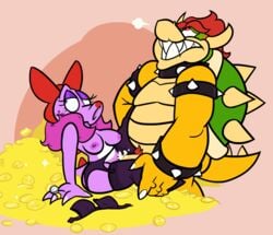 1boy 1girls birdo boa_(clothing) bowser bra breasts chubby clothing coin cum cum_inside duo energyloop female full_body koopa legwear lingerie lipstick male mario_(series) nintendo nipples penis prostitute prostitution ring scalie simple_background size_difference stockings straight super_mario_bros. super_mario_bros._2 treasure underwear